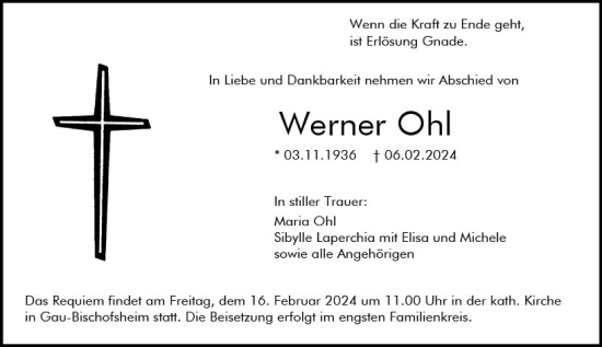 Traueranzeige von Werner Ohl von Allgemeine Zeitung Mainz