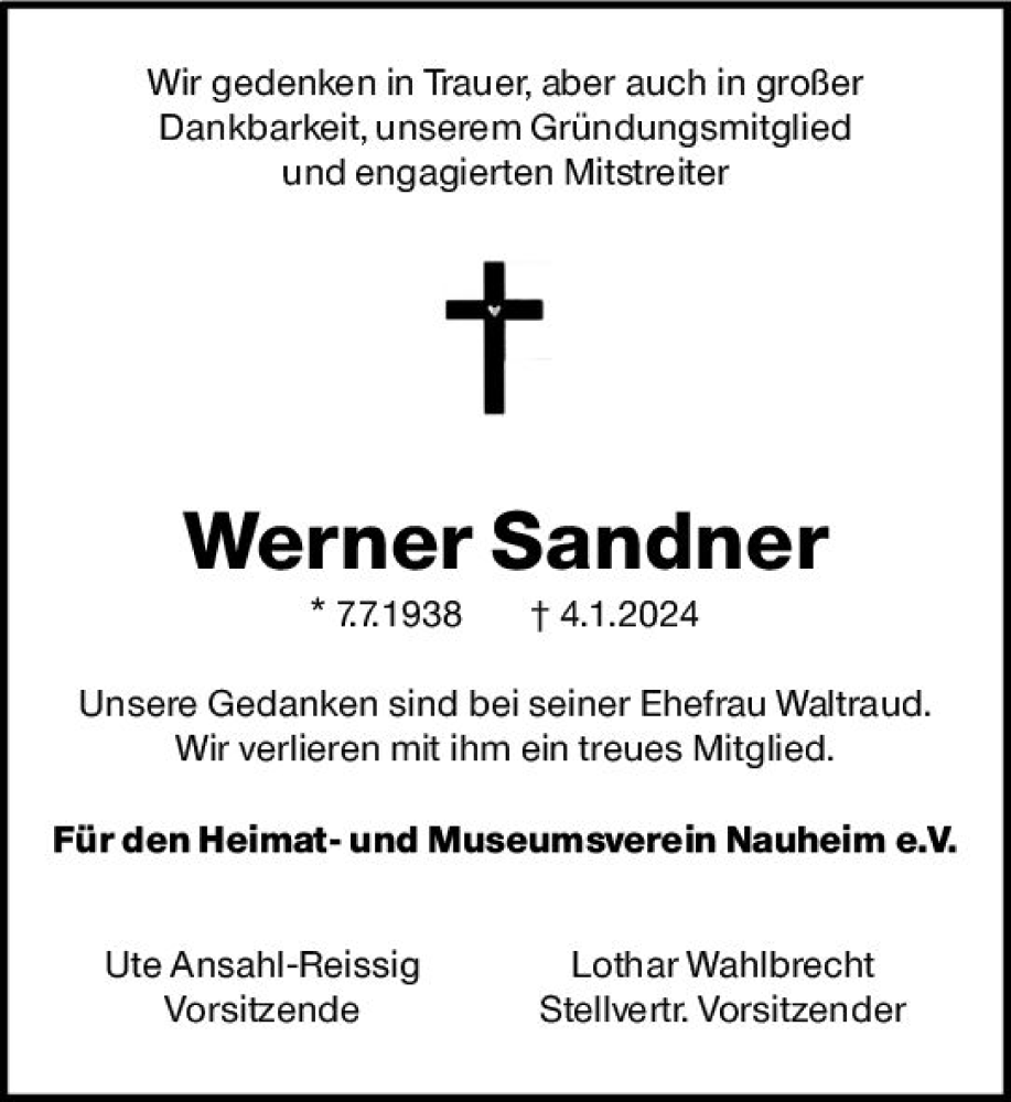  Traueranzeige für Werner Sandner vom 03.02.2024 aus Rüsselsheimer Echo