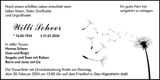 Traueranzeige von Willi Scheer von Allgemeine Zeitung Bingen/Ingelheim