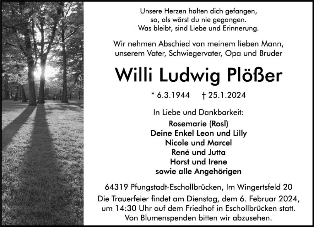  Traueranzeige für Willi Ludwig Plößer vom 03.02.2024 aus Darmstädter Echo