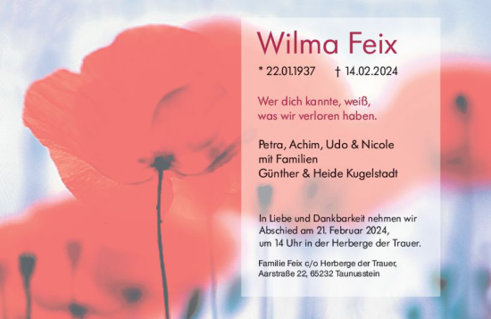 Traueranzeige von Wilma Feix von Idsteiner Land/Untertaunus