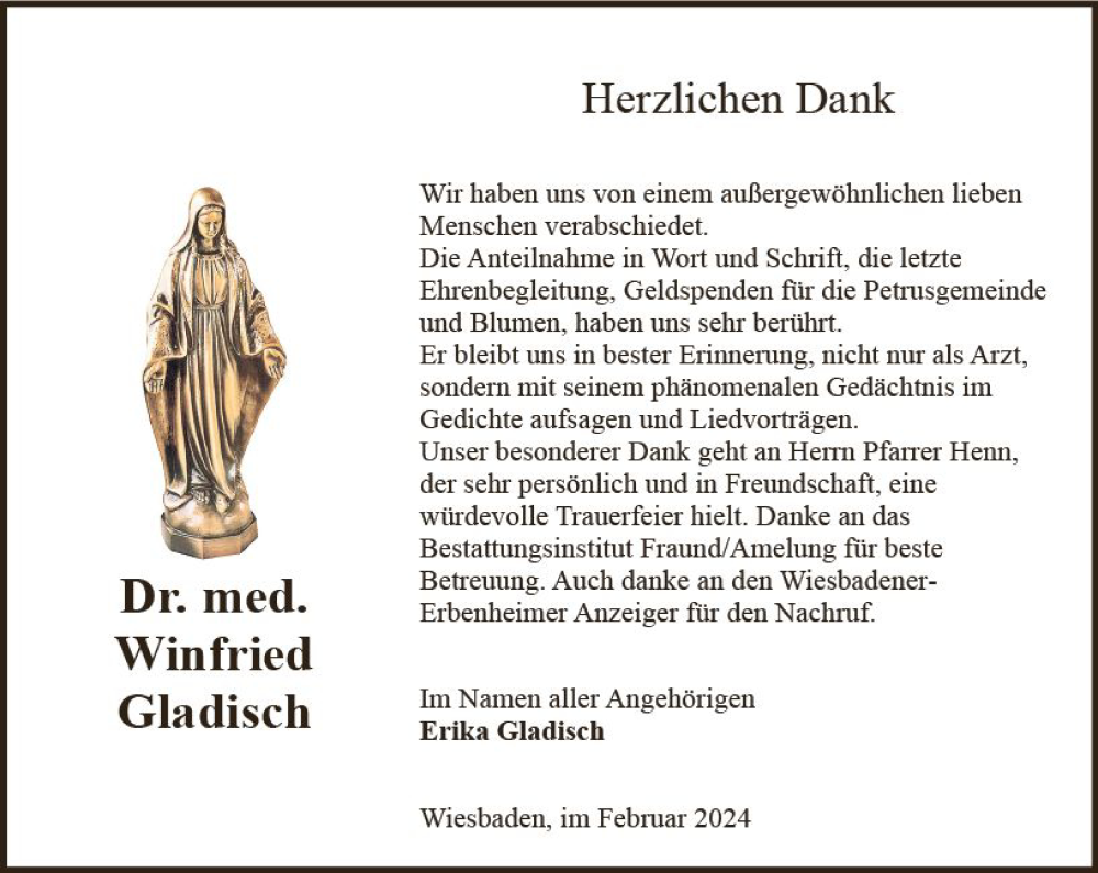  Traueranzeige für Winfried Gladisch vom 24.02.2024 aus Wiesbadener Kurier