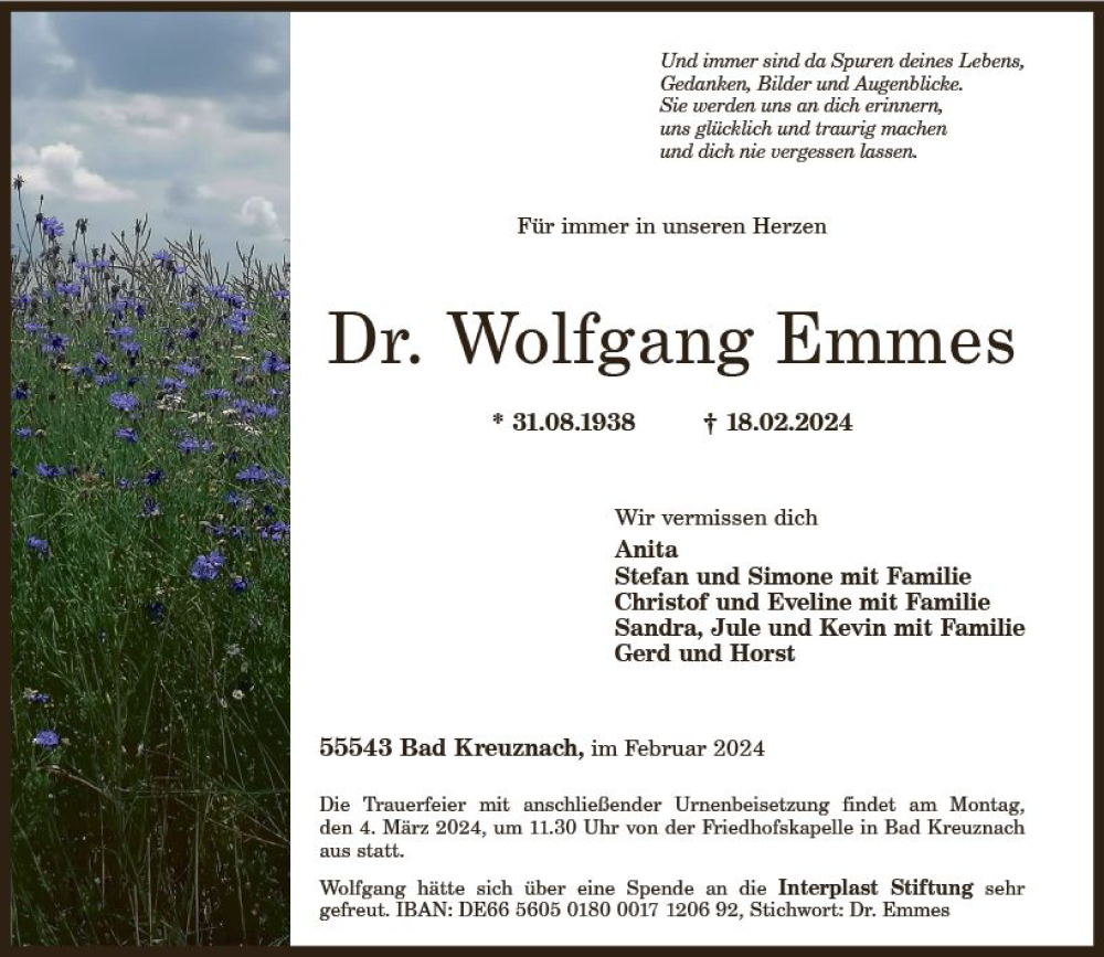  Traueranzeige für Wolfgang Emmes vom 24.02.2024 aus Allgemeine Zeitung Bad Kreuznach