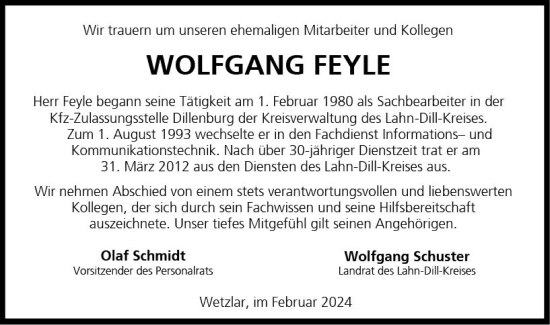 Traueranzeige von Wolfgang Feyle von Dill Block