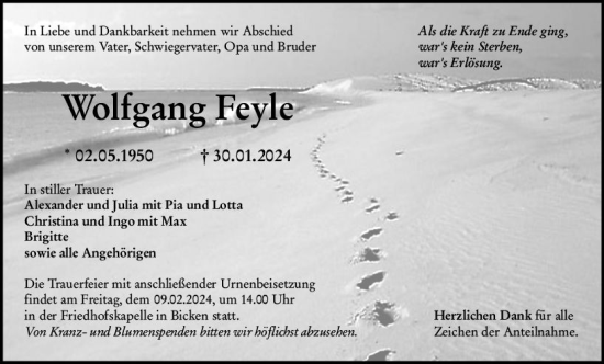 Traueranzeige von Wolfgang Feyle von Dill Block
