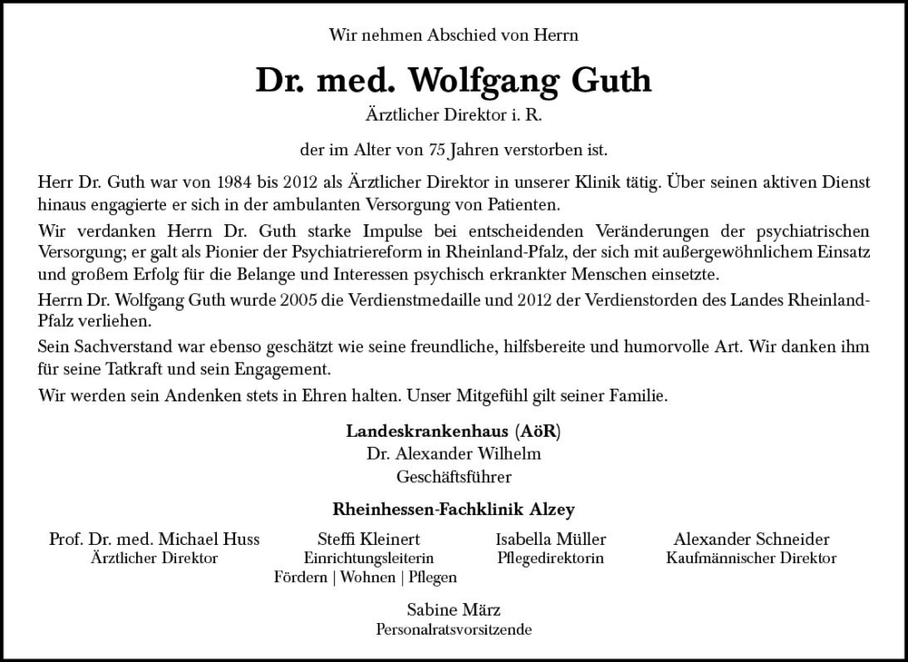  Traueranzeige für Wolfgang Guth vom 24.02.2024 aus Allgemeine Zeitung Alzey