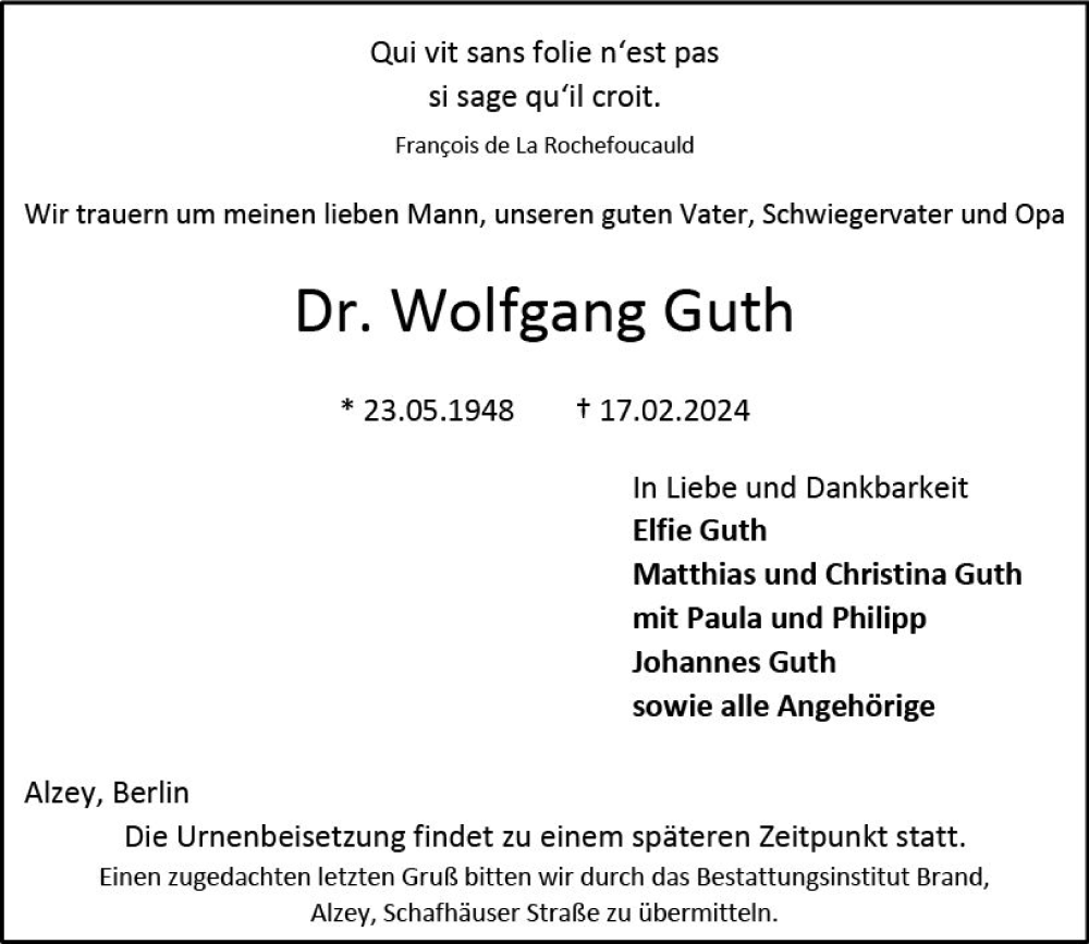  Traueranzeige für Wolfgang Guth vom 24.02.2024 aus Allgemeine Zeitung Alzey