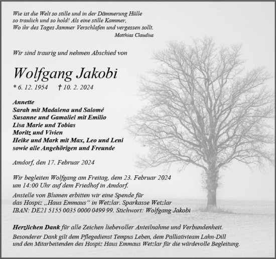 Traueranzeige von Wolfgang Jakobi von Dill Block