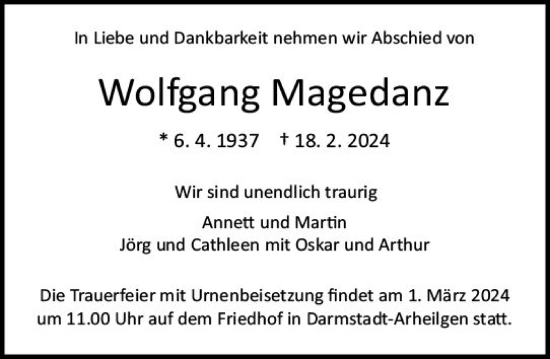 Traueranzeige von Wolfgang Magedanz von Darmstädter Echo