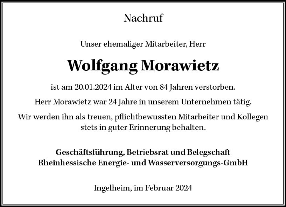  Traueranzeige für Wolfgang Morawietz vom 15.02.2024 aus Allgemeine Zeitung Bingen/Ingelheim