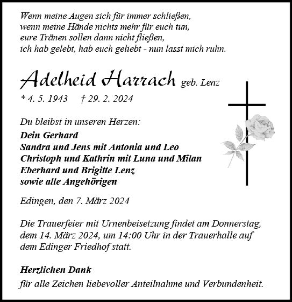  Traueranzeige für Adelheid Harrach vom 07.03.2024 aus Wetzlarer Neue Zeitung