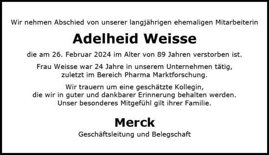 Traueranzeige von Adelheid Weisse von Darmstädter Echo