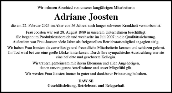 Traueranzeige von Adriane Joosten von Odenwälder Echo