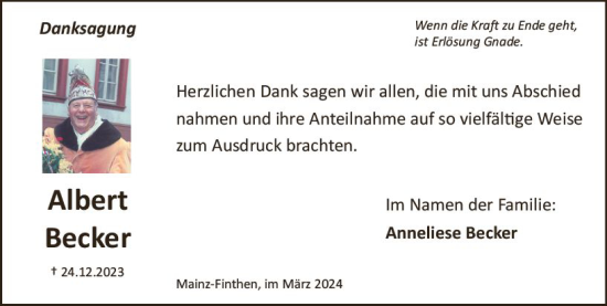 Traueranzeige von Albert  Becker von Allgemeine Zeitung Mainz