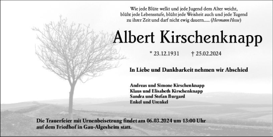 Traueranzeige von Albert Kirschenknapp von Allgemeine Zeitung Bingen/Ingelheim