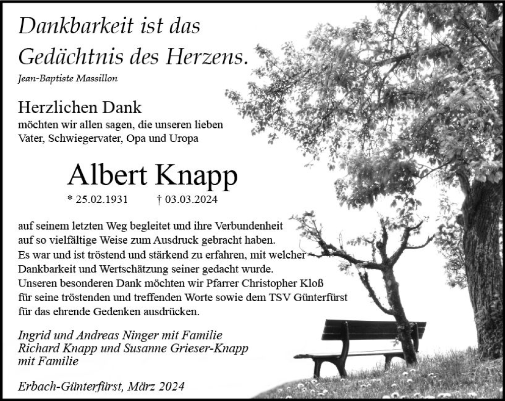  Traueranzeige für Albert Knapp vom 23.03.2024 aus Odenwälder Echo