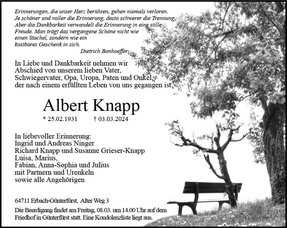 Traueranzeige für Albert Knapp vom 06.03.2024 aus Odenwälder Echo