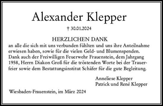 Traueranzeige von Alexander Klepper von Wiesbadener Kurier