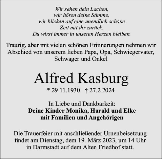 Traueranzeige von Alfred Kasburg von Darmstädter Echo