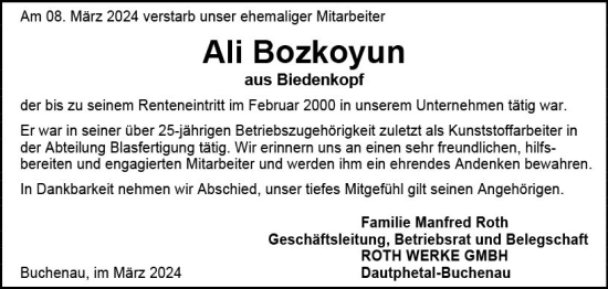 Traueranzeige von Ali Bozkoyun von Hinterländer Anzeiger