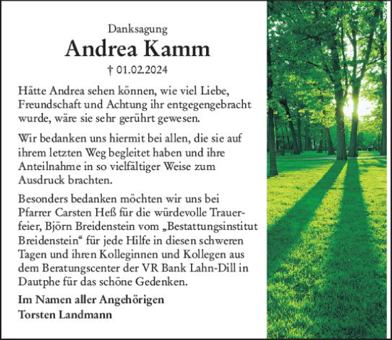 Traueranzeige von Andrea Kamm von Hinterländer Anzeiger