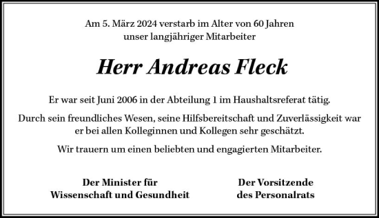 Traueranzeige von Andreas Fleck von Allgemeine Zeitung Bingen/Ingelheim