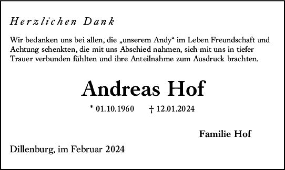  Traueranzeige für Andreas Hof vom 02.03.2024 aus Dill Block