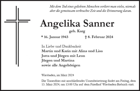 Traueranzeige von Angelika Sanner von Wiesbadener Kurier