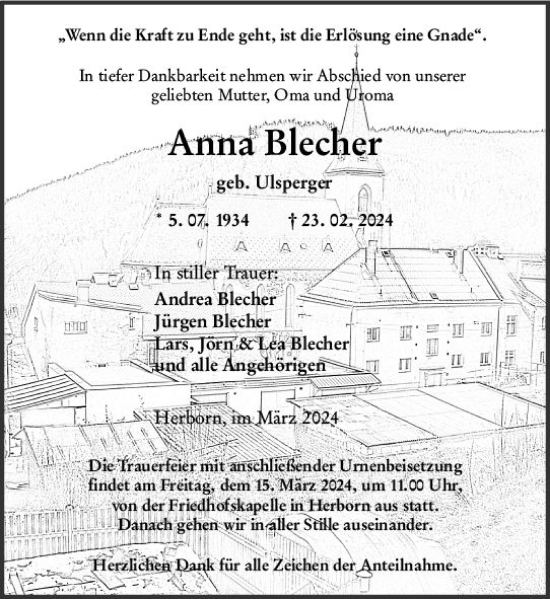 Traueranzeige von Anna Blecher von Dill Block