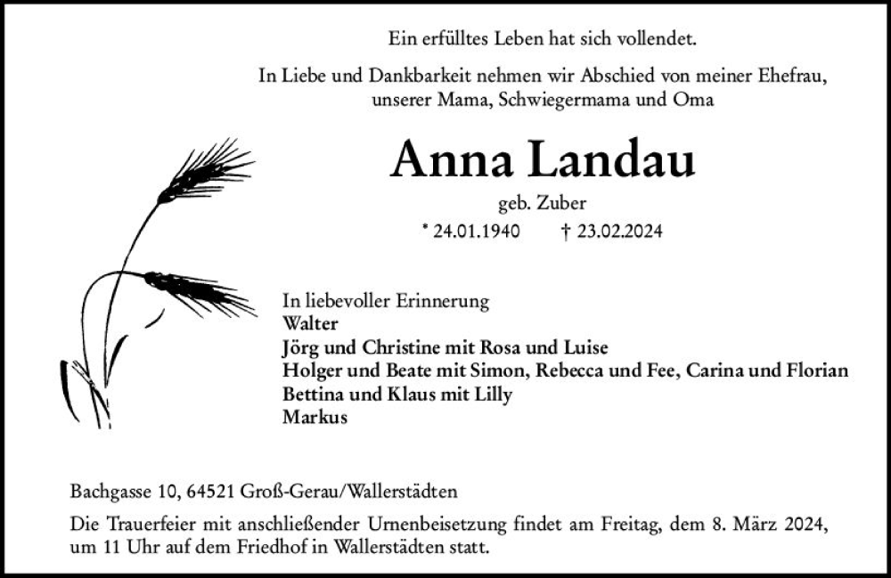  Traueranzeige für Anna Landau vom 02.03.2024 aus Groß-Gerauer Echo
