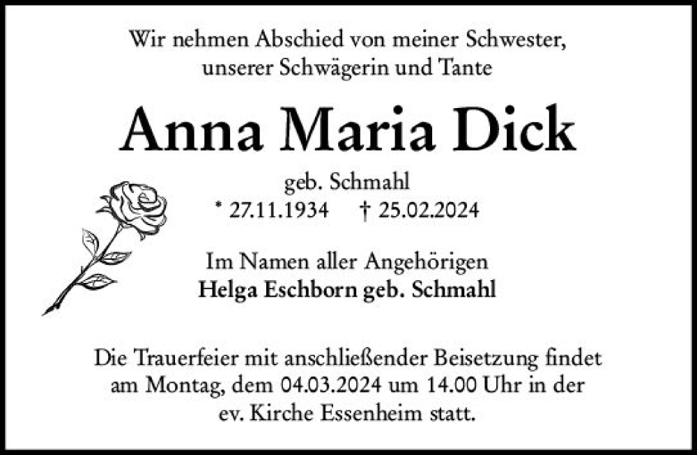  Traueranzeige für Anna Maria Dick vom 02.03.2024 aus Allgemeine Zeitung Mainz