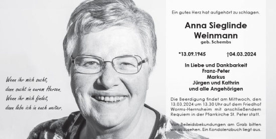 Traueranzeige von Anna Sieglinde Weinmann von Wormser Zeitung