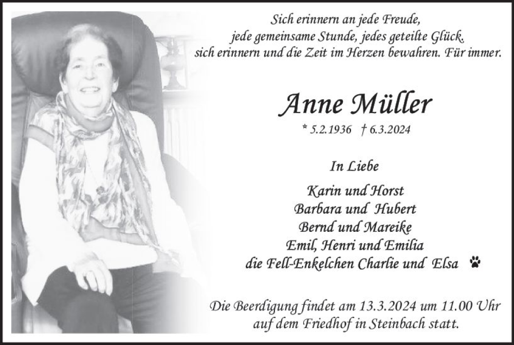  Traueranzeige für Anne Müller vom 09.03.2024 aus Odenwälder Echo