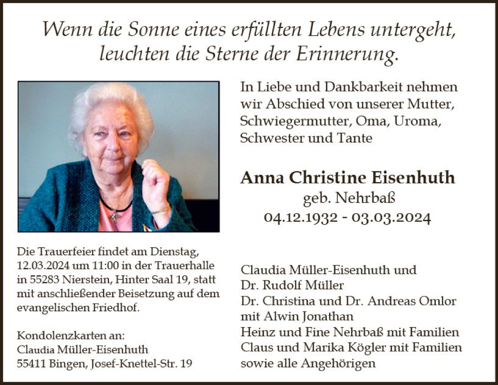  Traueranzeige für Anne Christine Eisenhuth vom 09.03.2024 aus Allgemeine Zeitung Bingen/Ingelheim