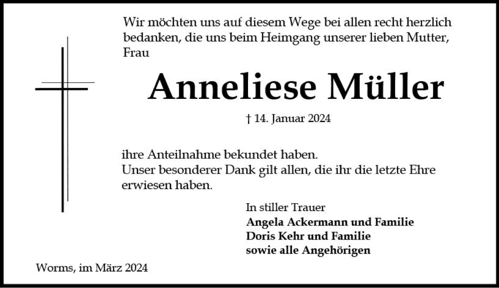  Traueranzeige für Anneliese Müller vom 02.03.2024 aus Wormser Zeitung