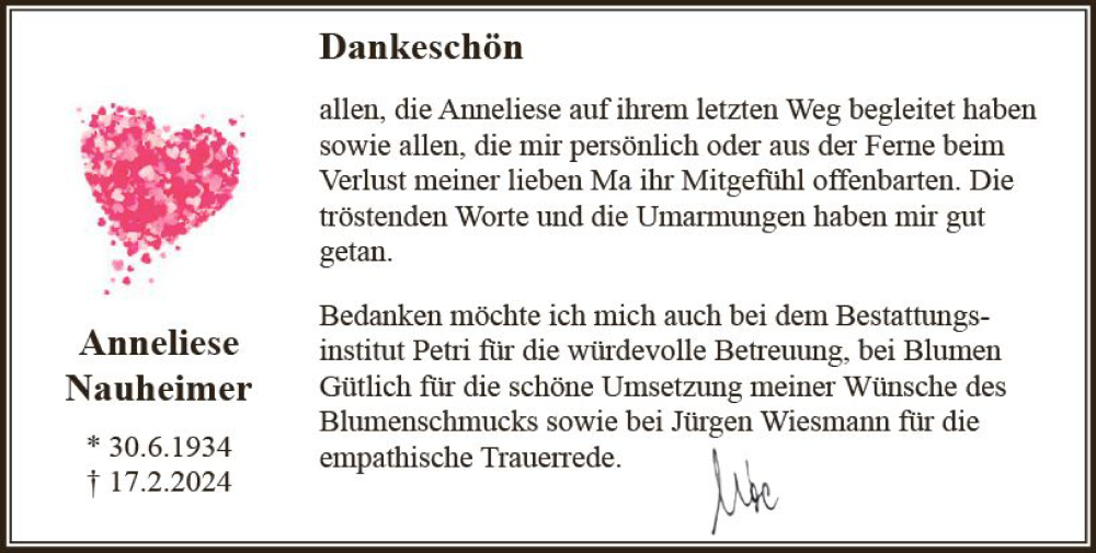  Traueranzeige für Anneliese Nauheimer vom 16.03.2024 aus Rüsselsheimer Echo