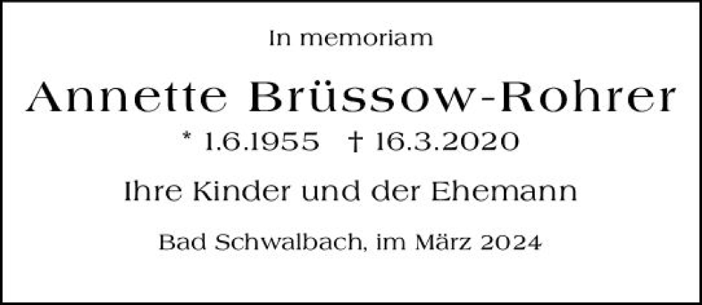  Traueranzeige für Annette Brüssow-Rohrer vom 16.03.2024 aus Wiesbadener Kurier
