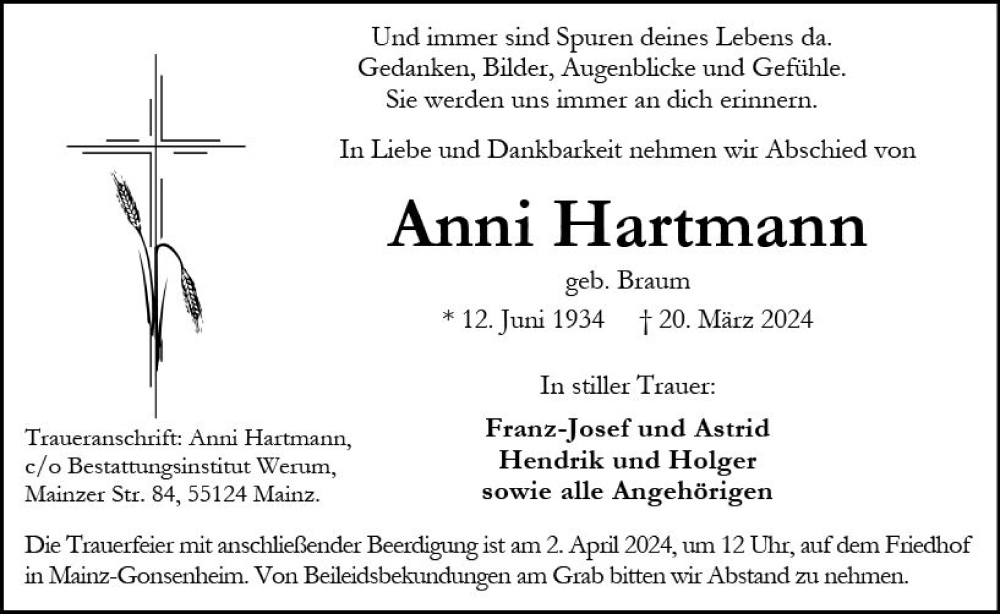  Traueranzeige für Anni Hartmann vom 23.03.2024 aus Allgemeine Zeitung Mainz