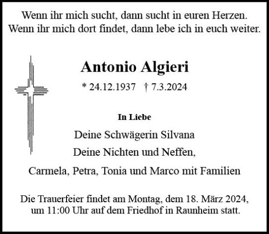Traueranzeige von Antonio Algieri von Rüsselsheimer Echo