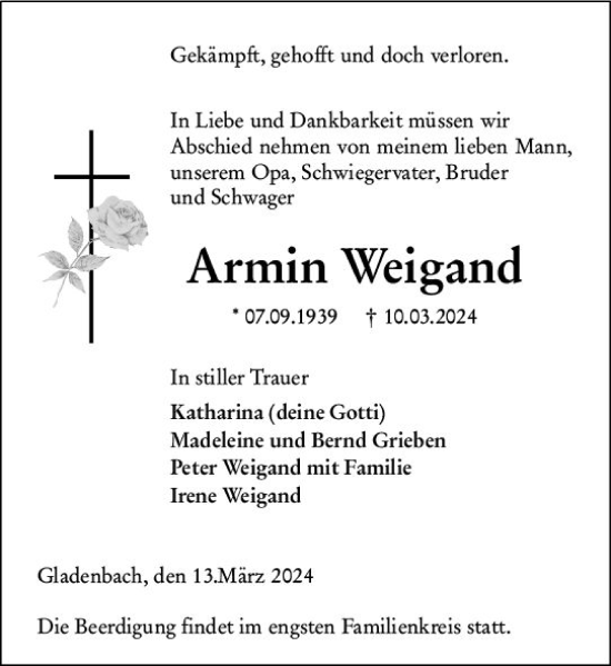 Traueranzeige von Armin Weigand von Hinterländer Anzeiger