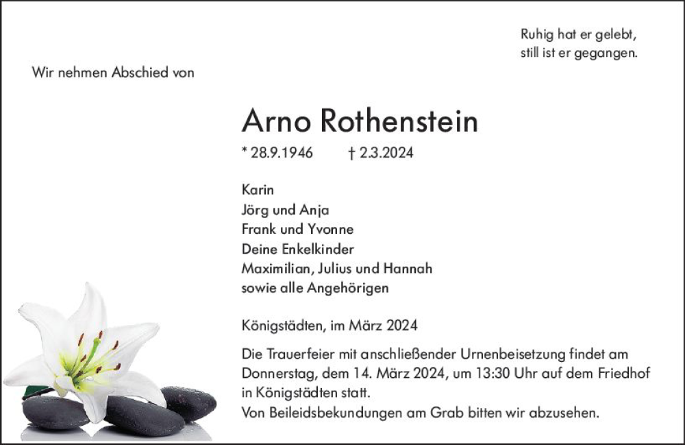  Traueranzeige für Arno Rothenstein vom 09.03.2024 aus Rüsselsheimer Echo