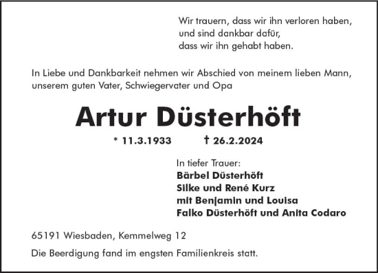 Traueranzeige von Artur Düsterhöft von Wiesbadener Kurier