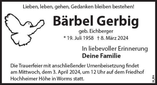 Traueranzeige von Bärbel Gerbig von Wormser Zeitung