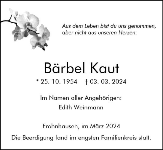 Traueranzeige von Bärbel Kaut von Dill Block