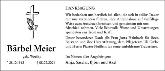 Traueranzeige von Bärbel Meier von Hinterländer Anzeiger