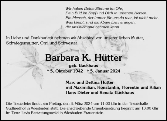 Traueranzeige von Barbara Hütter von Wiesbadener Kurier