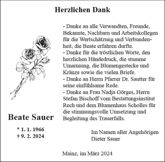 Traueranzeige von Beate Sauer von Allgemeine Zeitung Mainz