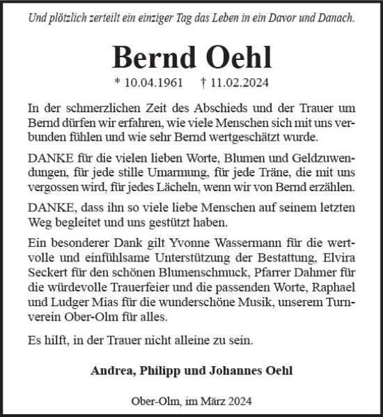Traueranzeige von Bernd Oehl von Allgemeine Zeitung Mainz