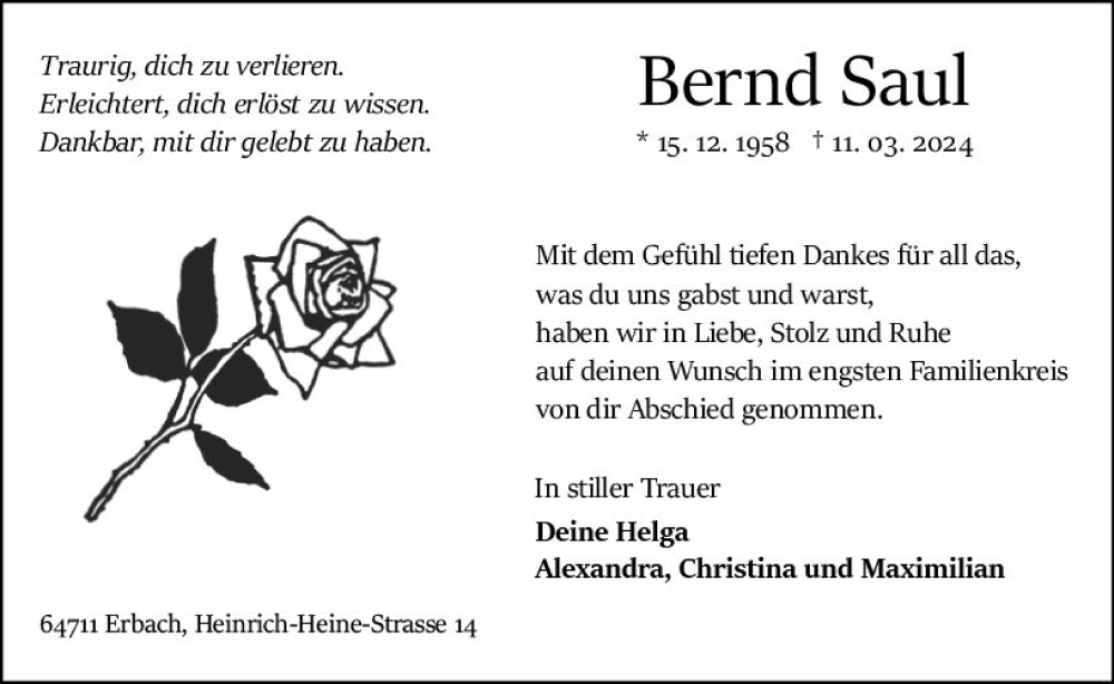  Traueranzeige für Bernd Saul vom 30.03.2024 aus Odenwälder Echo