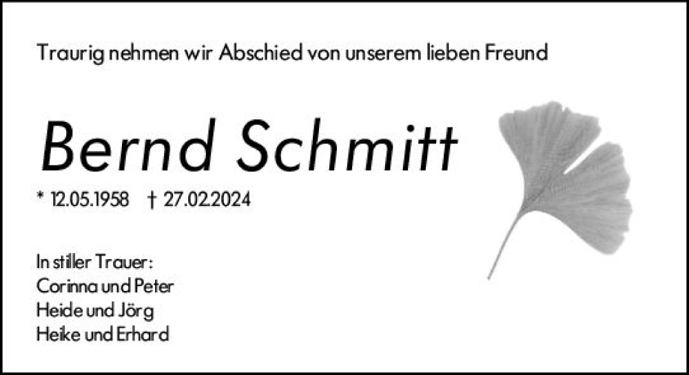  Traueranzeige für Bernd Schmitt vom 09.03.2024 aus Groß-Gerauer Echo